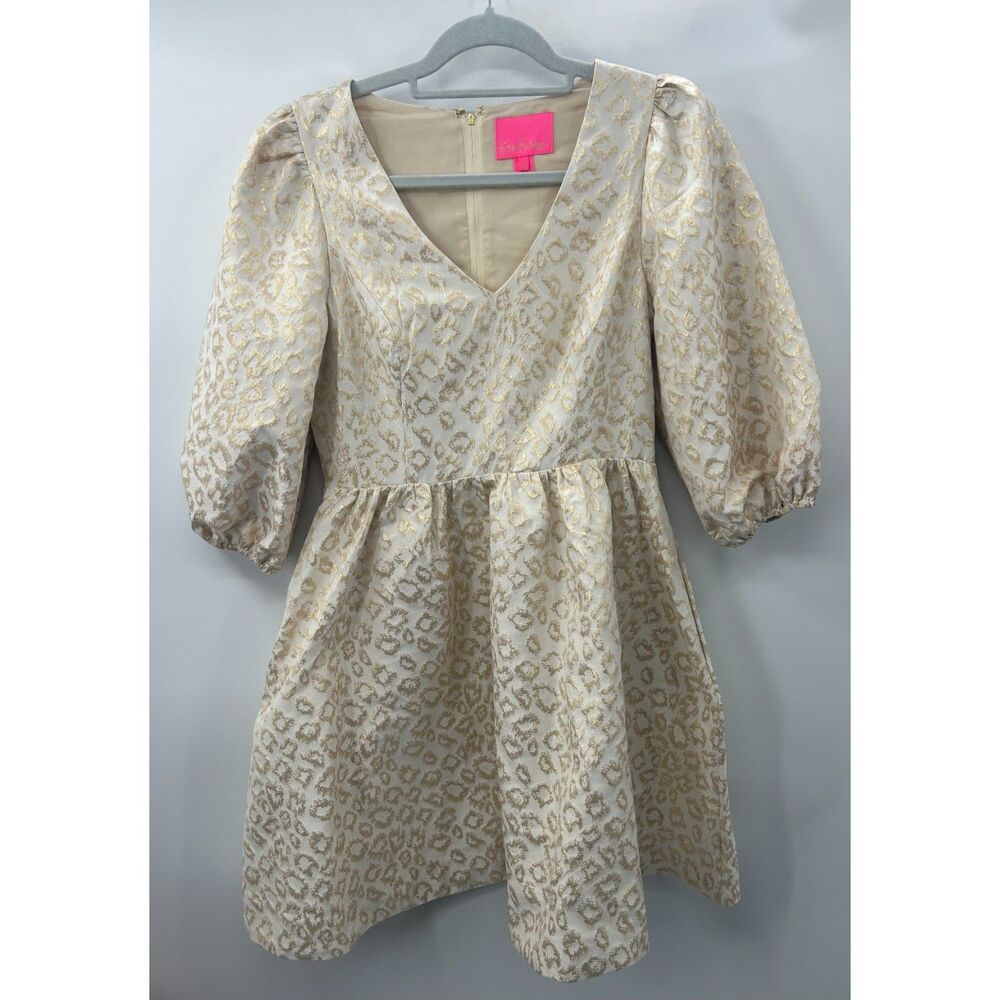 Lilly Pulitzer Calyssa Dress Gold Dazzle Leopard Brocade Animal Print Size 4